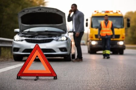 Breakdown recovery truck assisting a car on a busy motorway near London